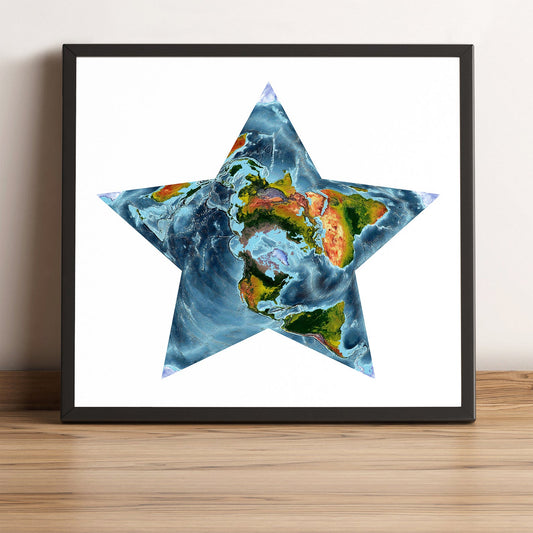World framed shaded relief map in black frame, showing Berghaus Projection. Artistic print highlighting vegetation and bathymetry