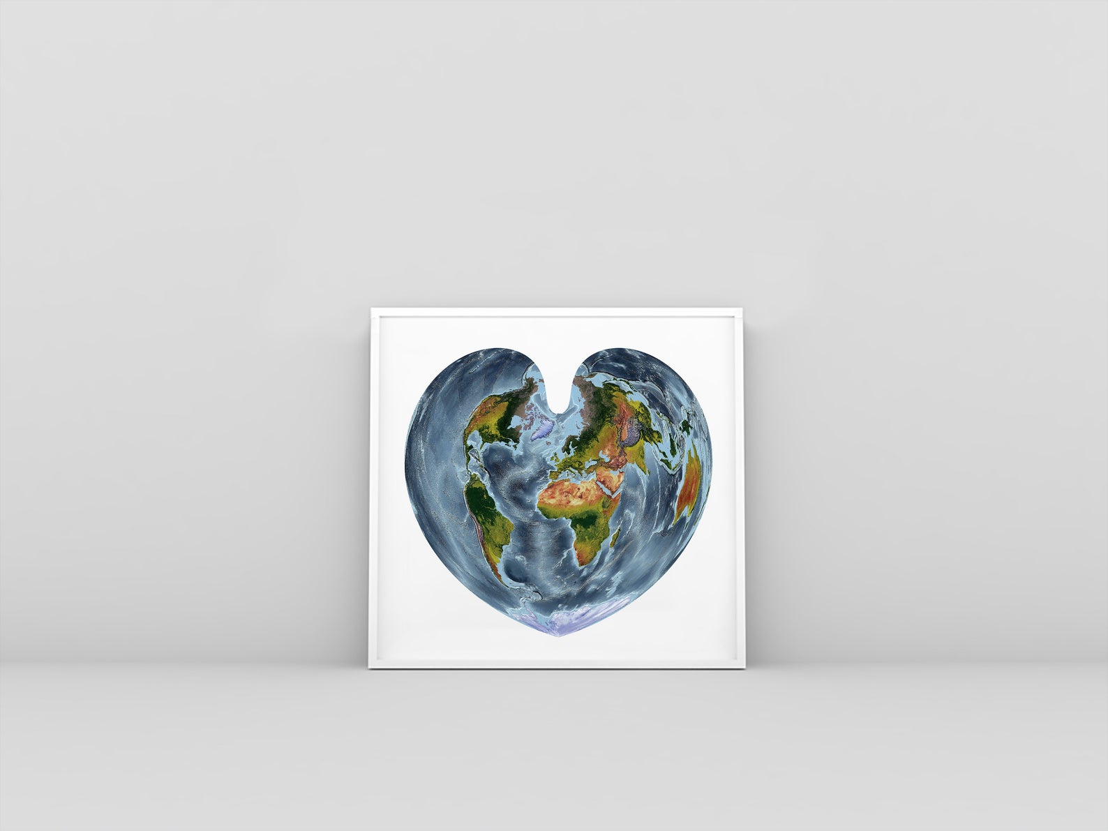 World framed shaded relief map in white frame. Bonne Projection, an artistic print highlighting mountains and vegetation