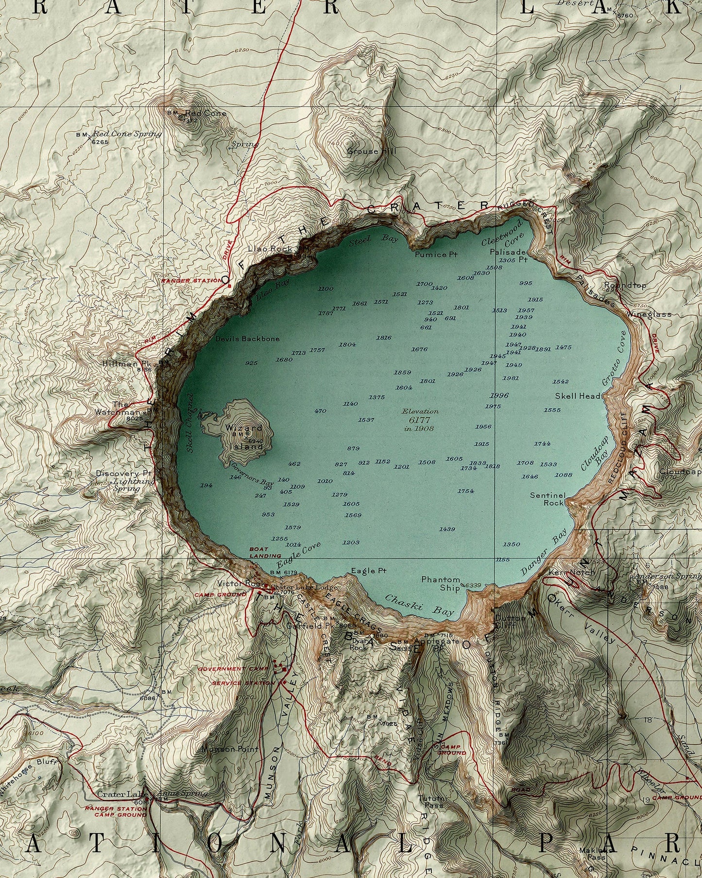 Detailed close-up of a vintage Crater Lake (Oregon) relief map, showcasing textured topography  and geographic contours
