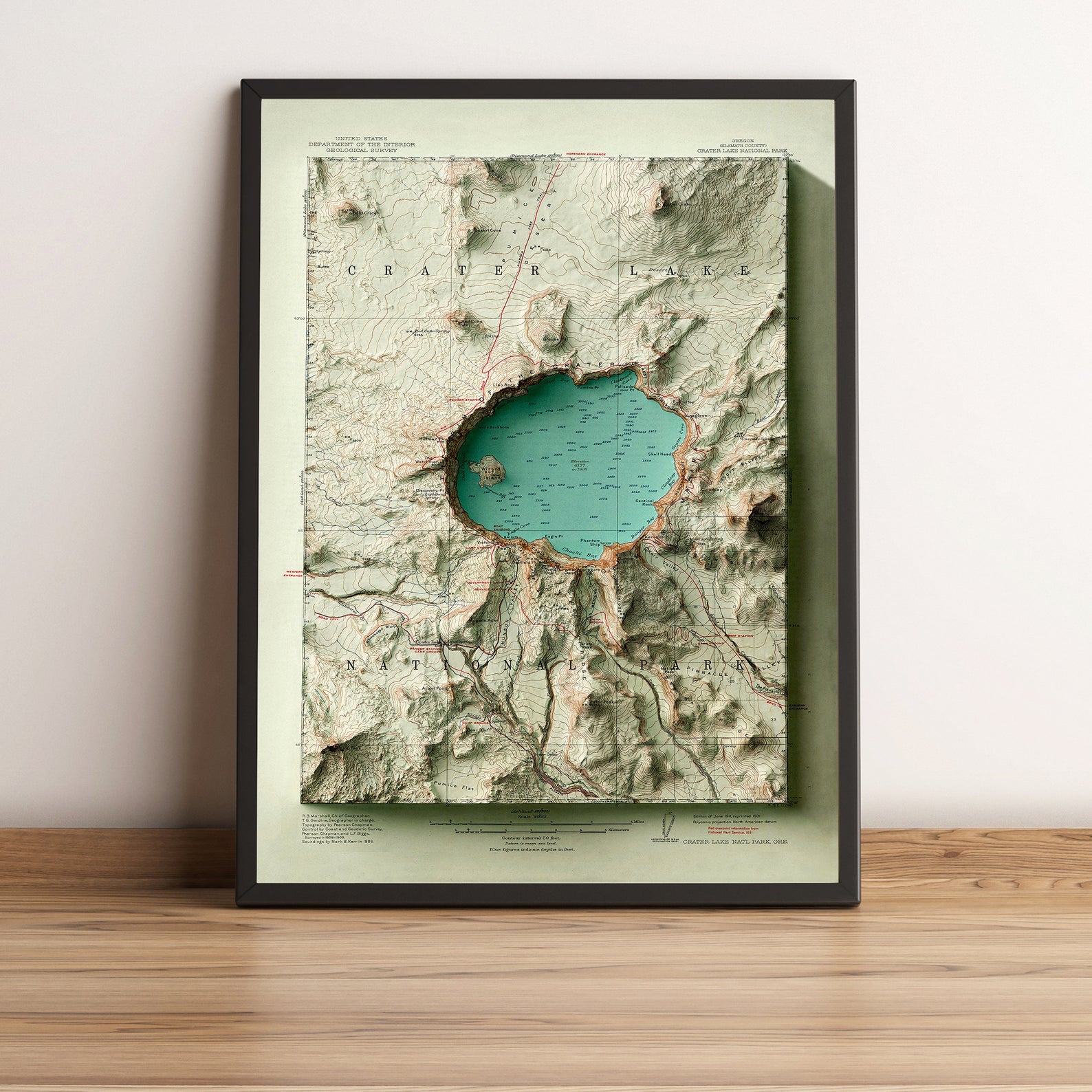Crater Lake (Oregon) vintage framed shaded relief map in black frame. Artistic print highlighting mountains with a realistic terrain effect