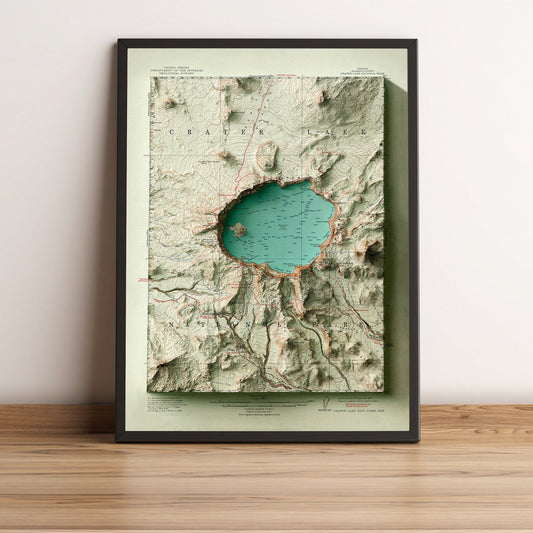Crater Lake (Oregon) vintage framed shaded relief map in black frame. Artistic print highlighting mountains with a realistic terrain effect