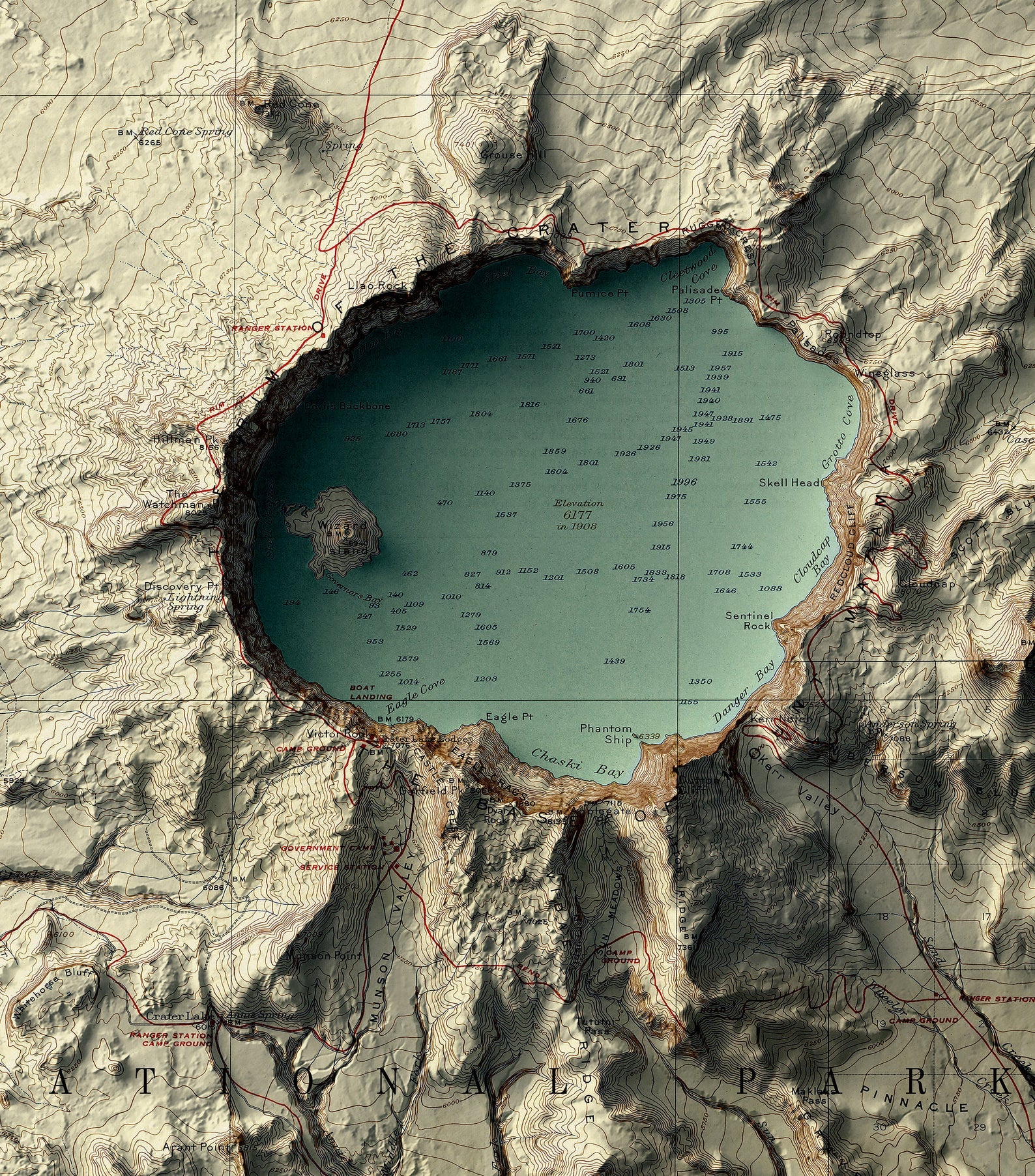 Detailed close-up of a vintage Crater Lake (Oregon) relief map, showcasing textured topography  and geographic contours