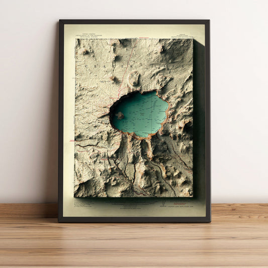 Crater Lake (Oregon) vintage framed shaded relief map in black frame. Artistic print highlighting mountains with a realistic terrain effect