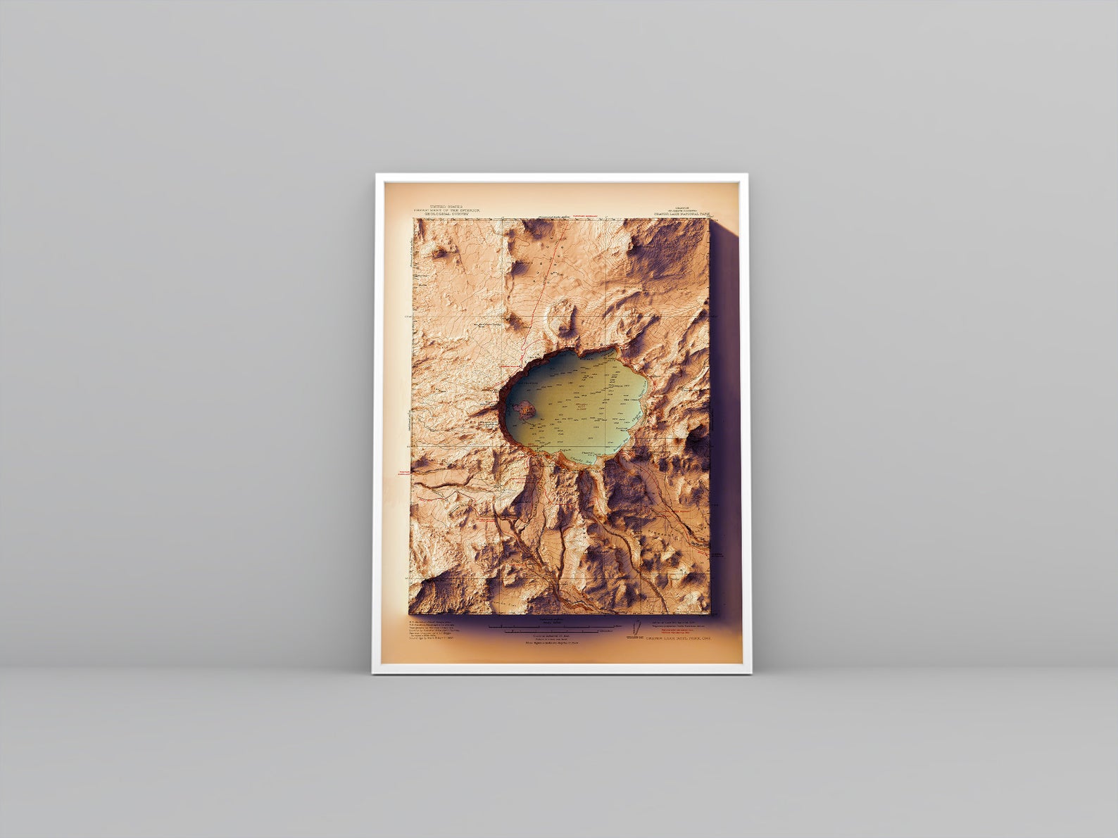 Crater Lake (Oregon) vintage framed shaded relief map in white frame. Artistic print highlighting mountains with a realistic 3d effect