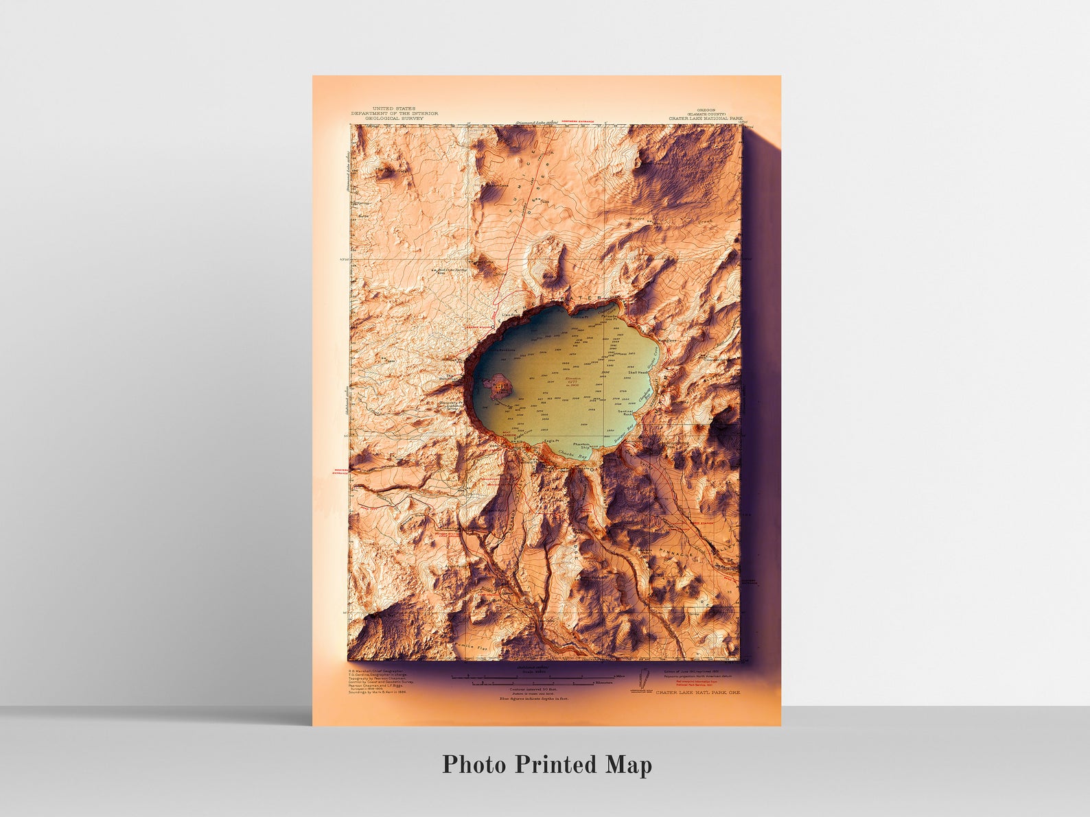 Crater Lake (Oregon) Shaded relief map print, highlighting topography. Ideal for home decor and geography lovers