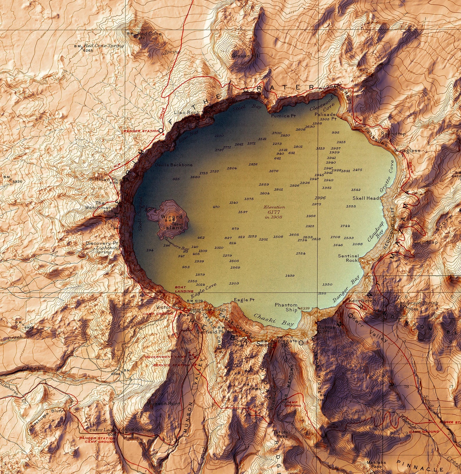 Detailed close-up of a vintage Crater Lake (Oregon) relief map, showcasing textured topography  and geographic contours