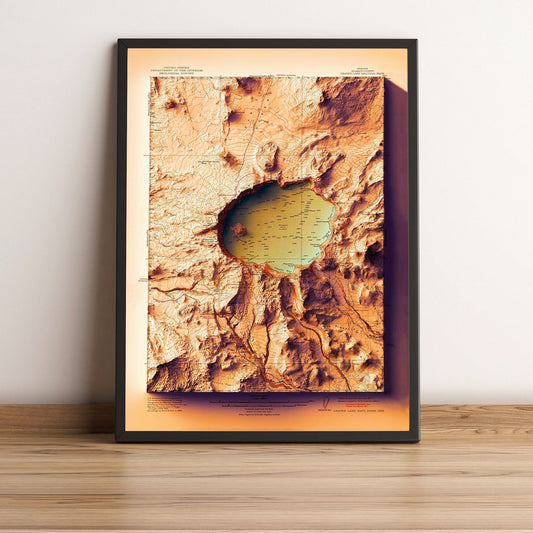 Crater Lake (Oregon) vintage framed shaded relief map in black frame. Artistic print highlighting mountains with a realistic terrain effect