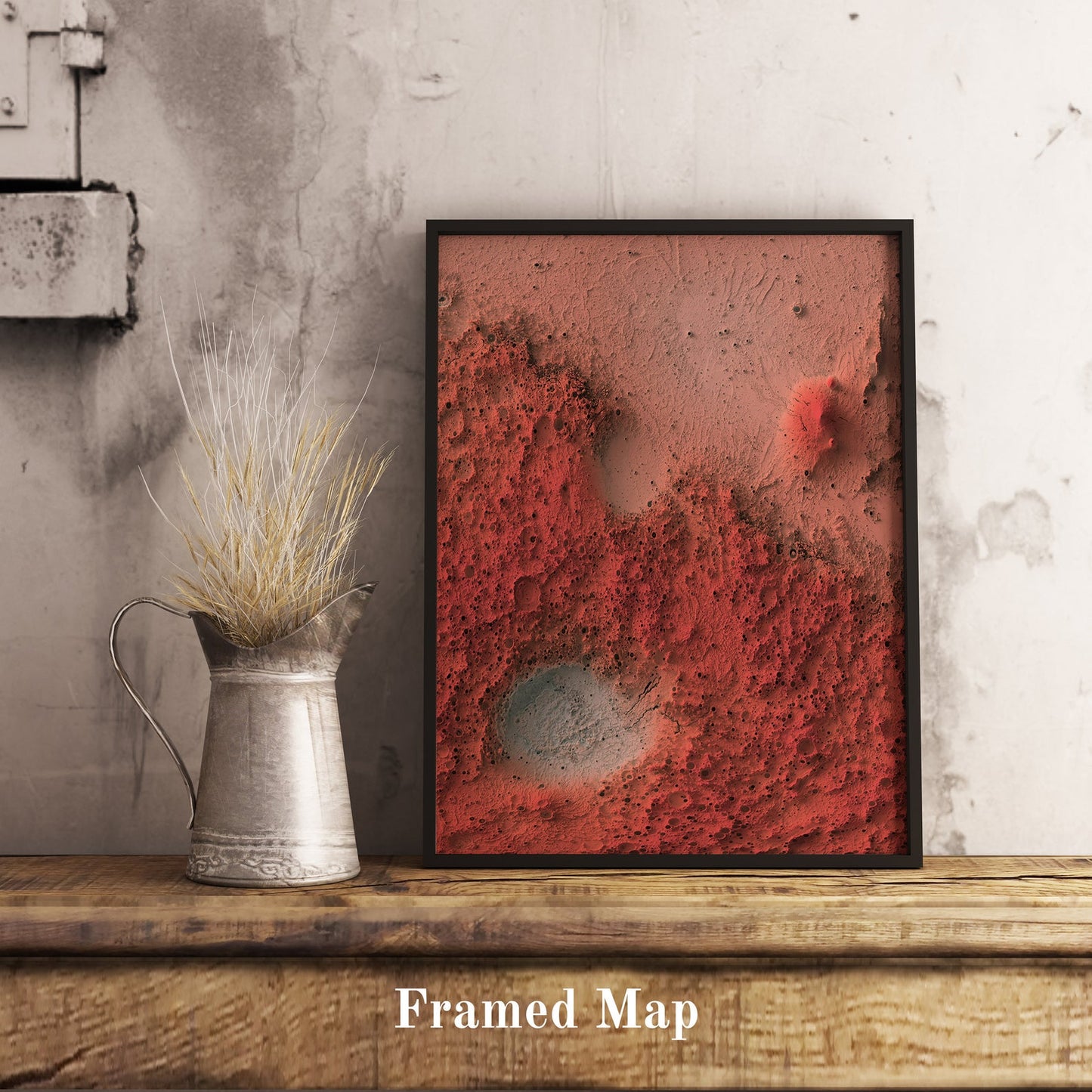 Mars shaded relief map in black frame. Realistic terrain art print for home decor, displayed on rustic wooden table