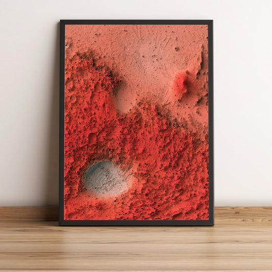 Mars framed shaded relief map in black frame. Artistic print highlighting mountains with a realistic terrain effect