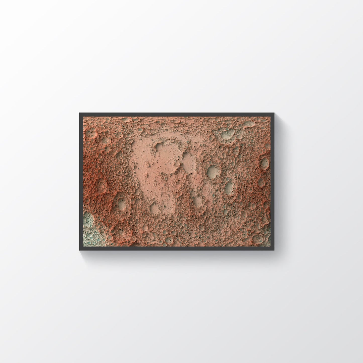 Moon framed shaded relief map in black frame. Artistic print highlighting mountains with a realistic terrain effect