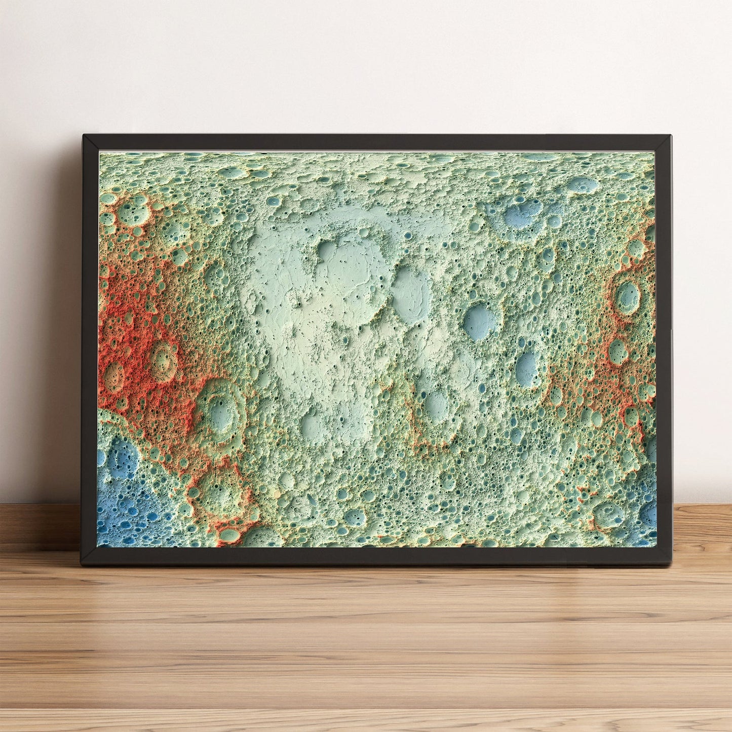 Mars framed shaded relief map in black frame. Artistic print highlighting mountains with a realistic terrain effect