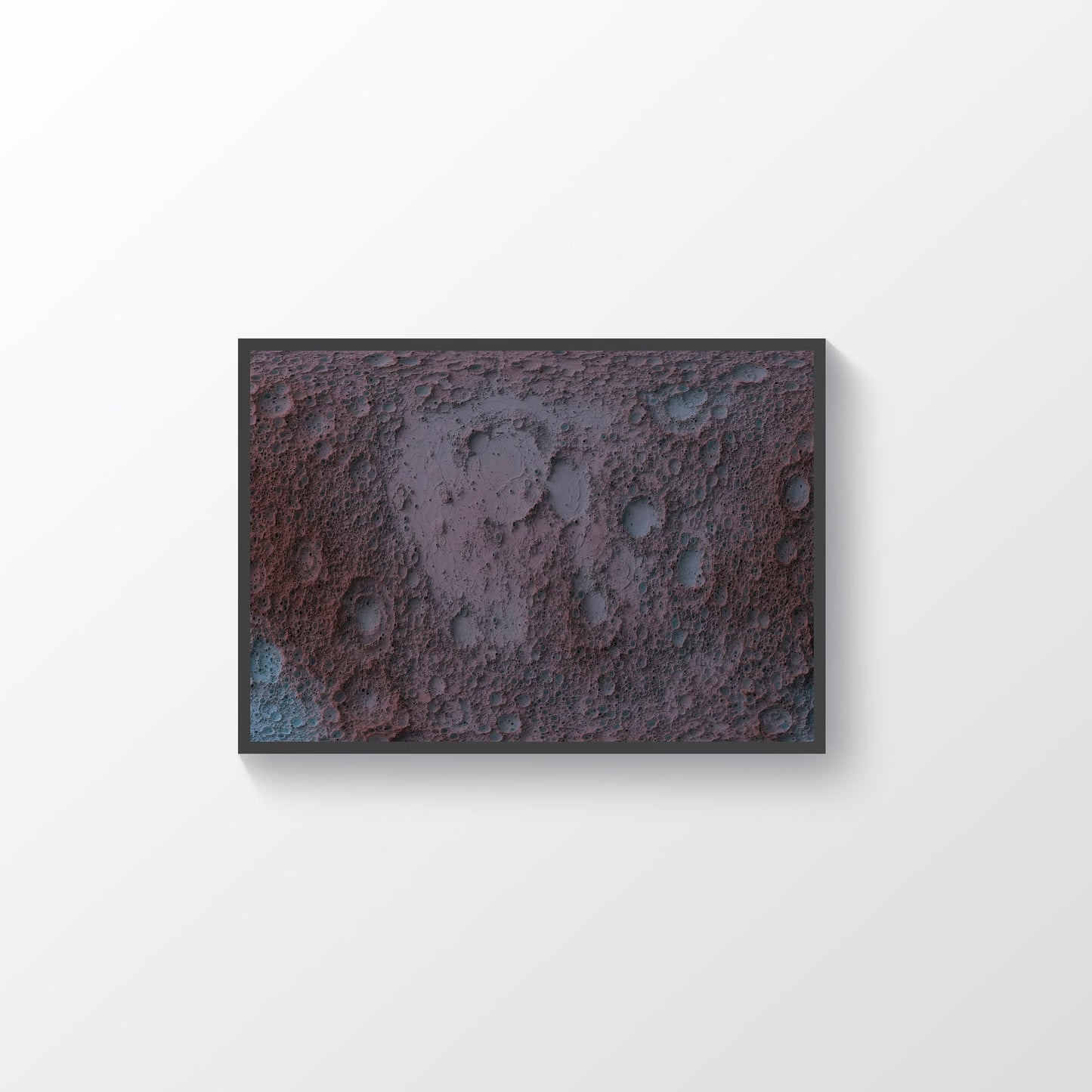 Moon framed shaded relief map in black frame. Artistic print highlighting mountains with a realistic terrain effect