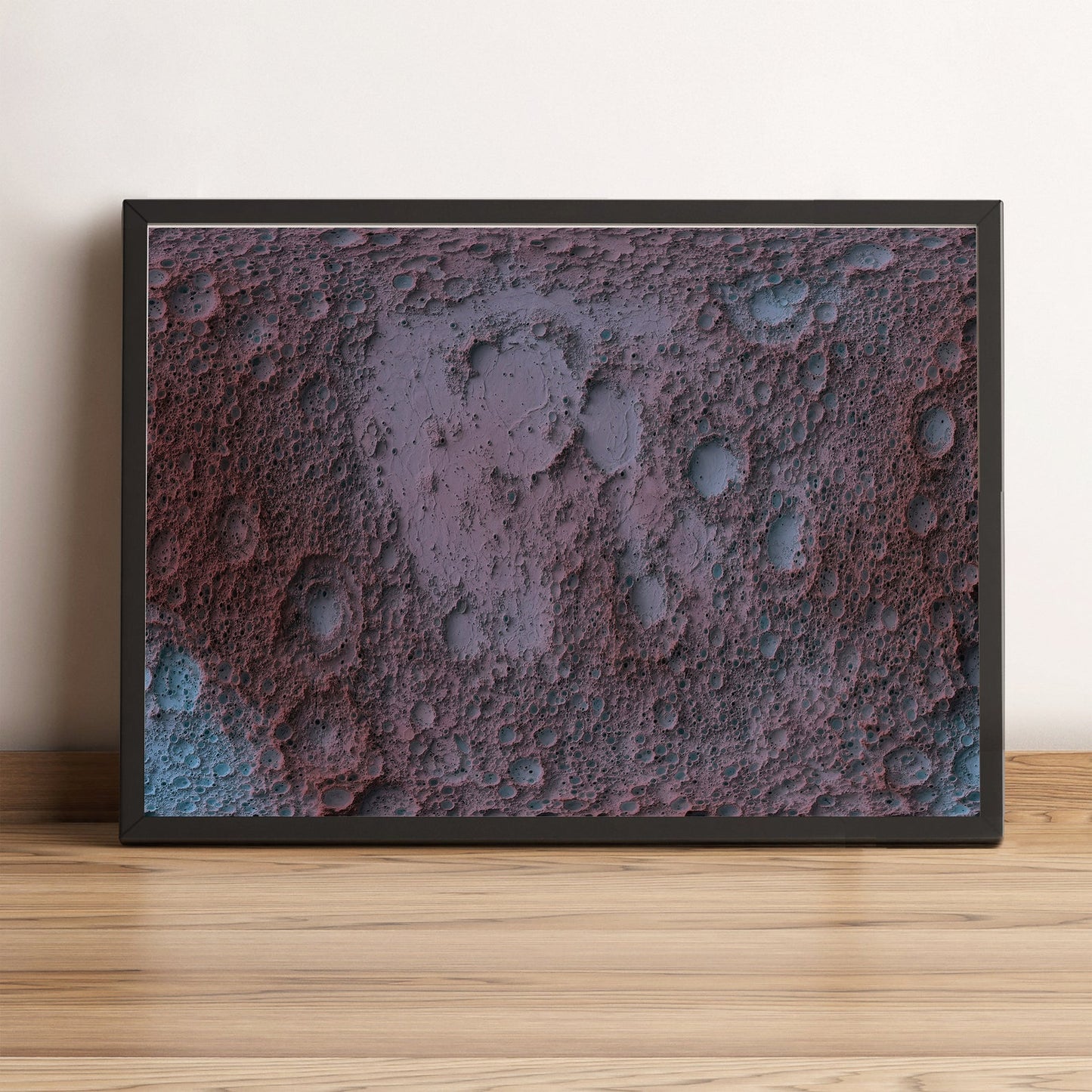 Mars framed shaded relief map in black frame. Artistic print highlighting mountains with a realistic terrain effect