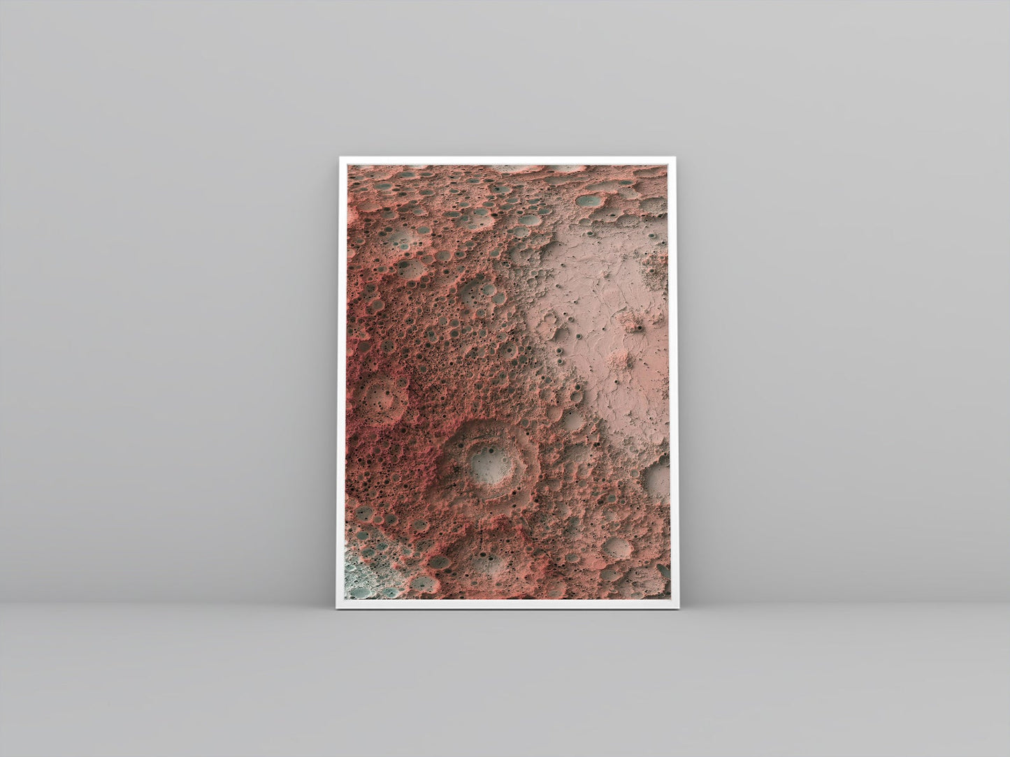 Moon framed shaded relief map in white frame. Artistic print highlighting mountains with a realistic 3d effect