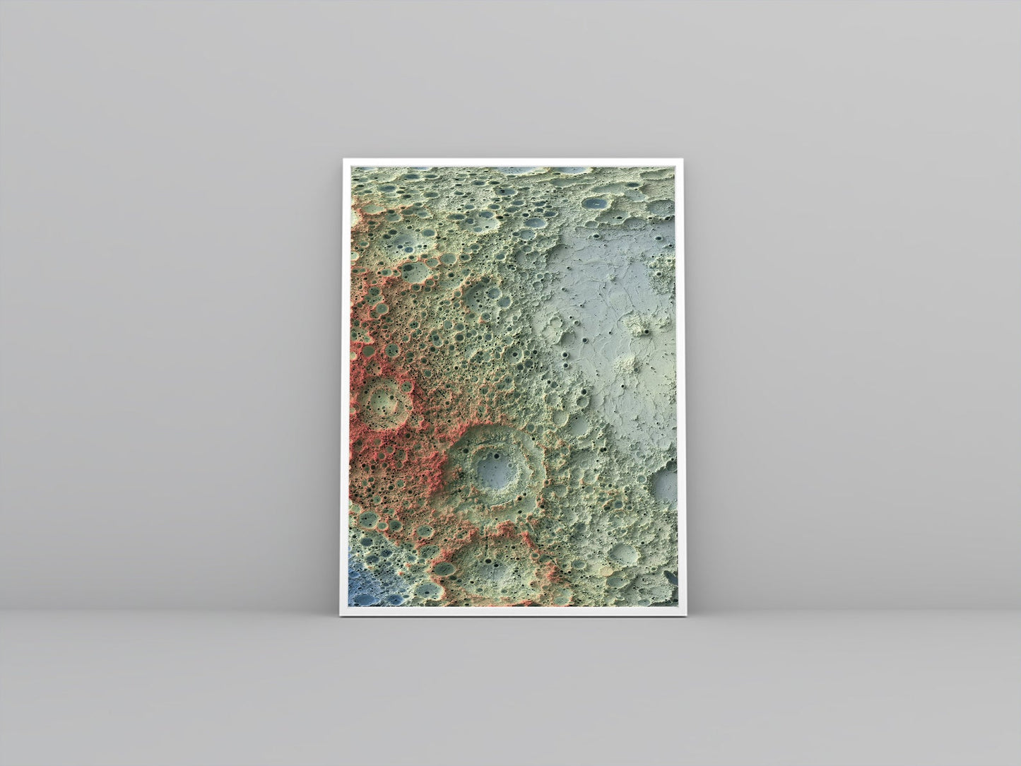 Moon framed shaded relief map in white frame. Artistic print highlighting mountains with a realistic 3d effect
