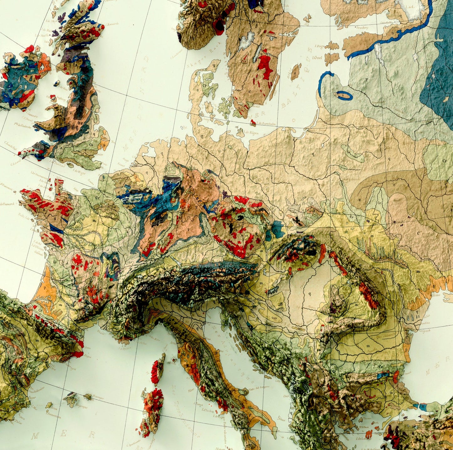 Detailed close-up of a vintage Europe map, showcasing textured topography and geographic contours