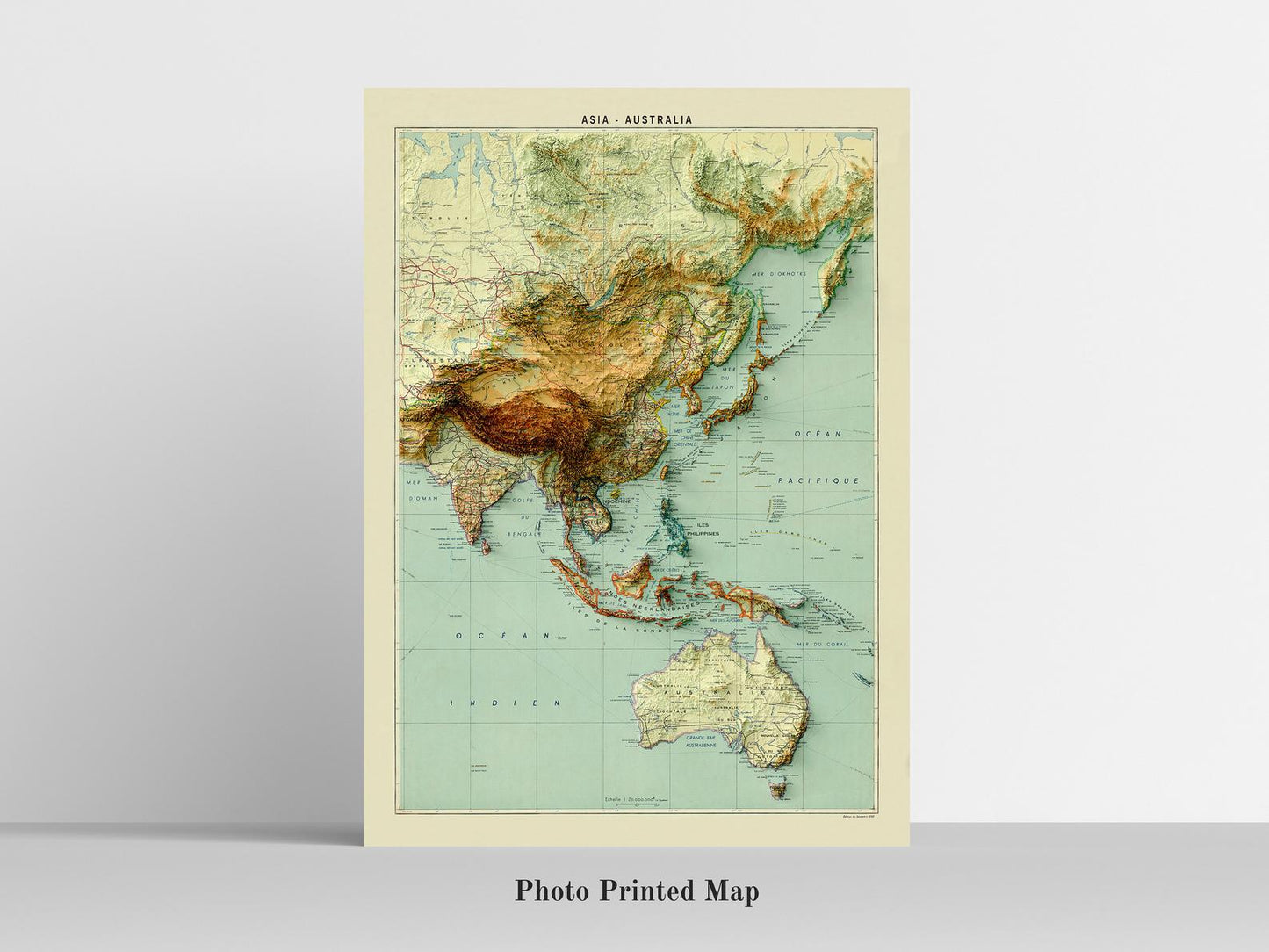 Asia and Australia relief map print, highlighting topography. Ideal for home decor and geography lovers