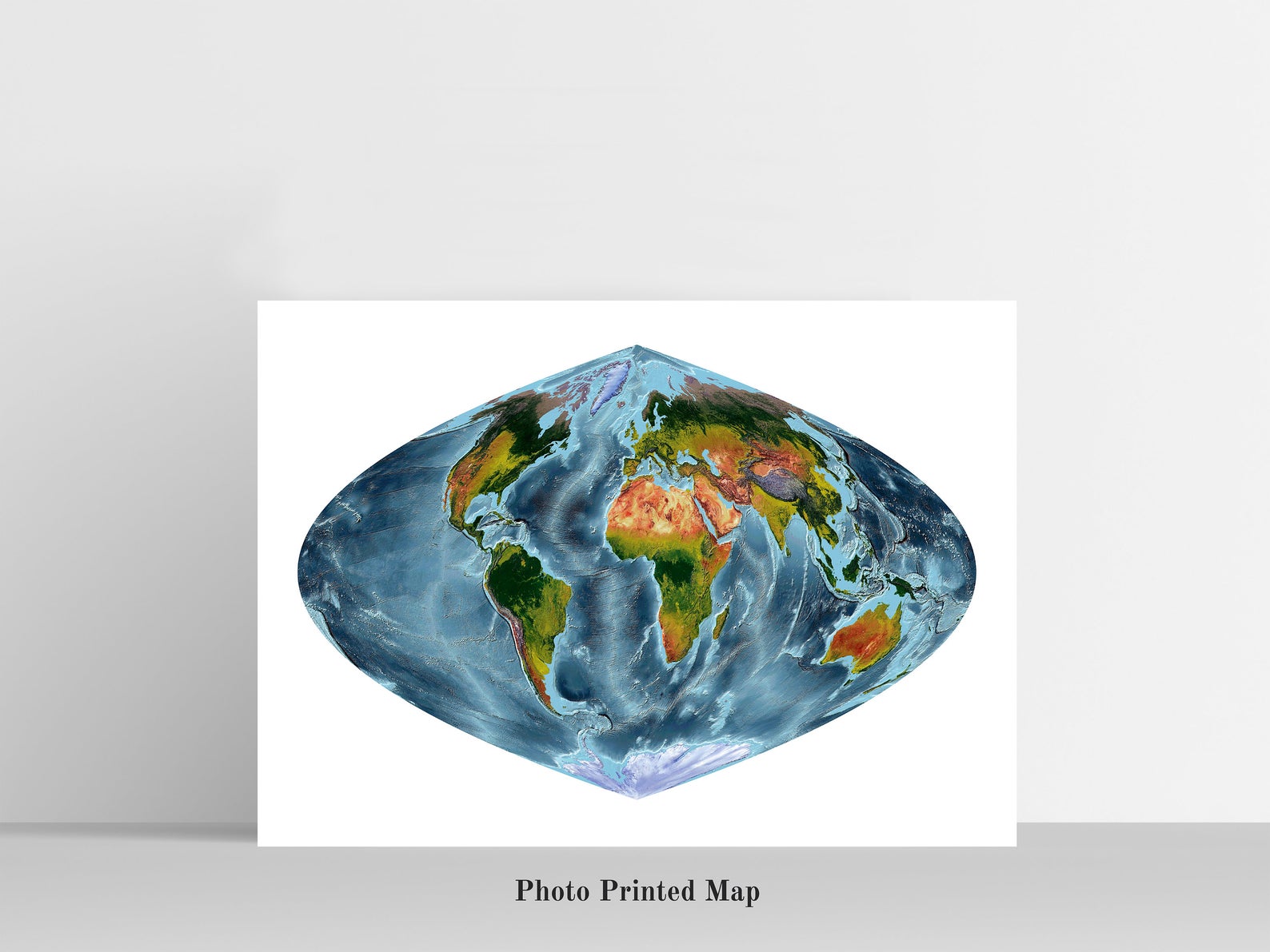 Craster Parabolic Projection World Shaded relief map print, highlighting topography. Ideal for home decor and geography lovers