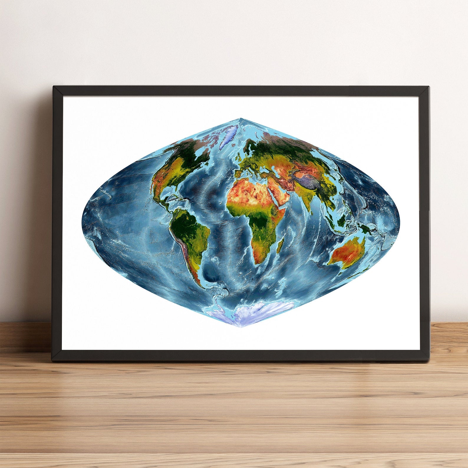 World framed shaded relief map in black frame, showing Craster Parabolic Projection. Artistic print highlighting vegetation and bathymetry
