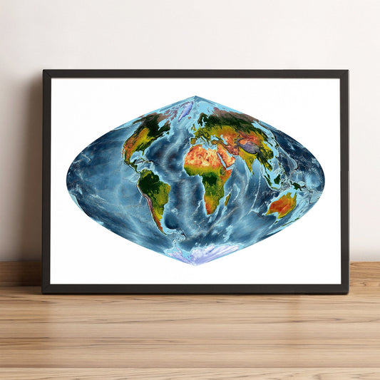 World framed shaded relief map in black frame, showing Craster Parabolic Projection. Artistic print highlighting vegetation and bathymetry