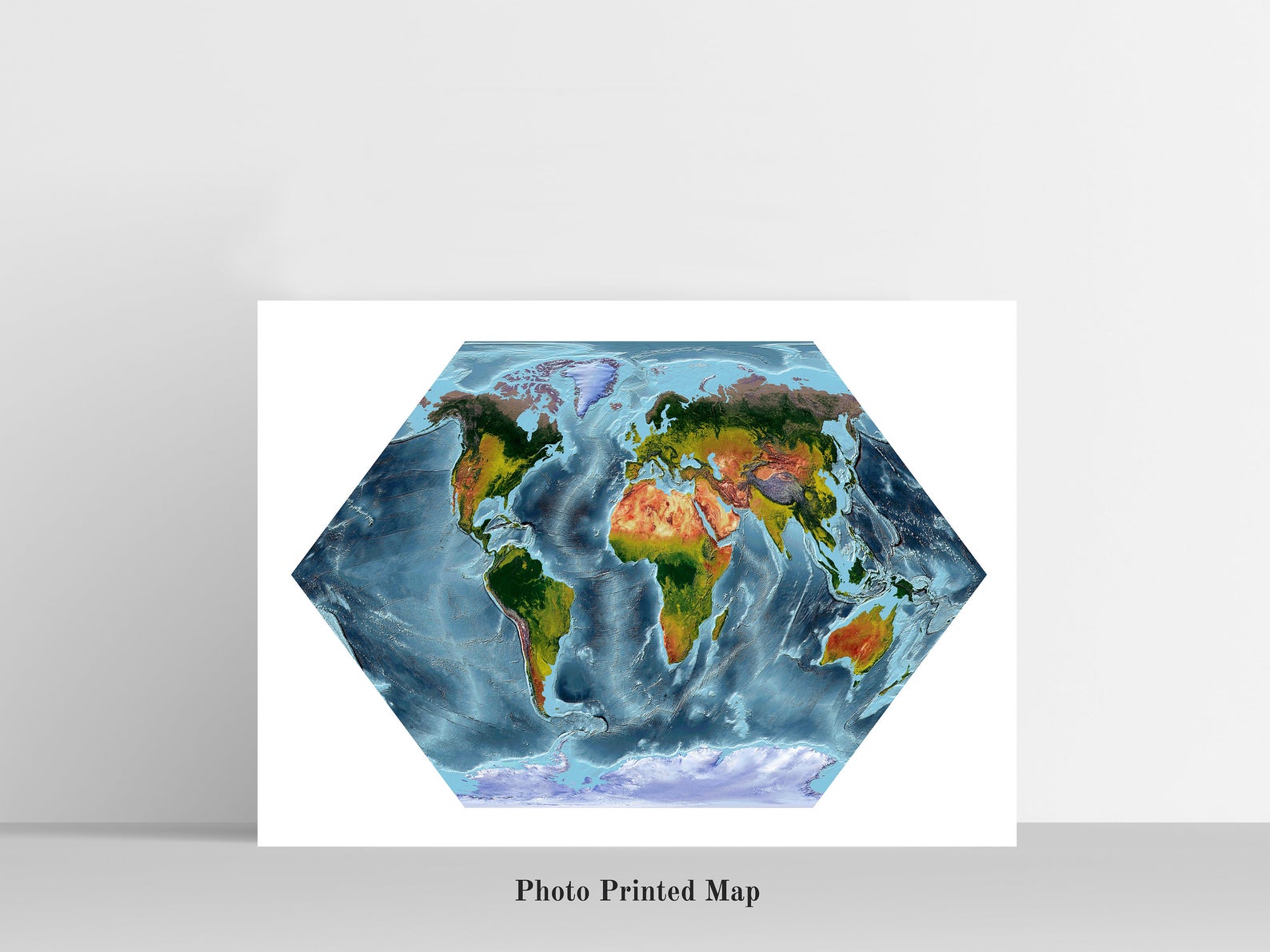 Eckert Projection World Shaded relief map print, highlighting topography. Ideal for home decor and geography lovers