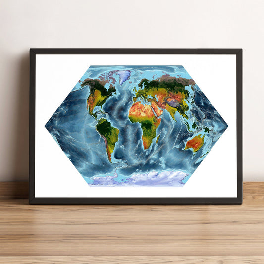 World framed shaded relief map in black frame, showing Eckert Projection. Artistic print highlighting vegetation and bathymetry