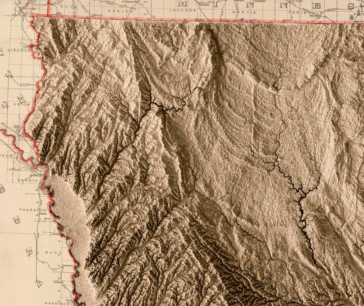 Detailed close-up of a vintage Iowa (USA) relief map, showcasing textured topography and geographic contours