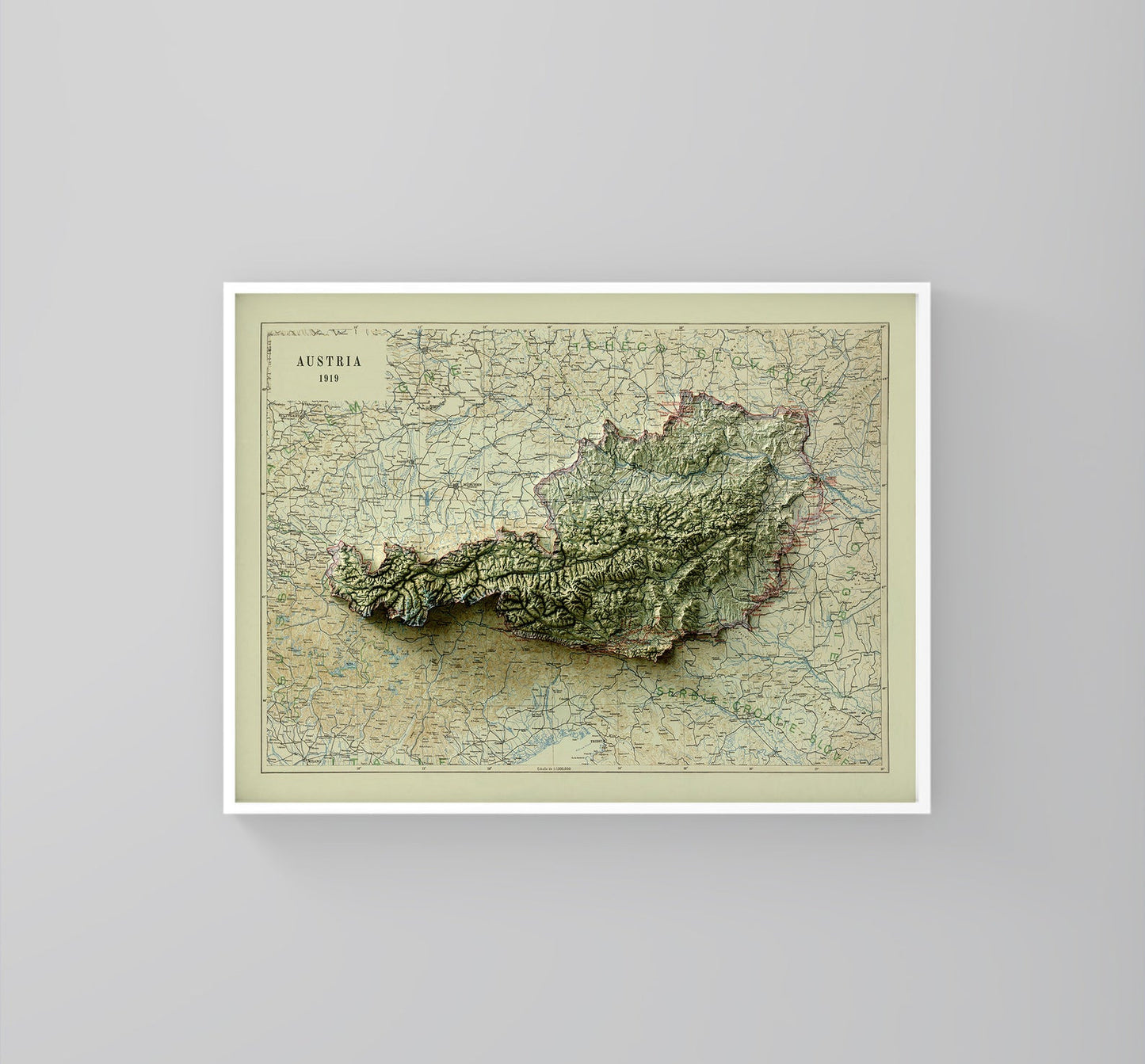 Austria vintage framed shaded relief map in white frame. Artistic print highlighting mountains with a realistic 3d effect