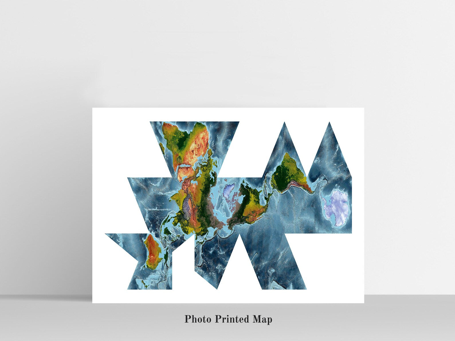 Fuller Projection World Shaded relief map print, highlighting topography. Ideal for home decor and geography lovers