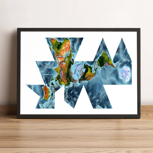 World framed shaded relief map in black frame, showing Fuller Projection. Artistic print highlighting vegetation and bathymetry