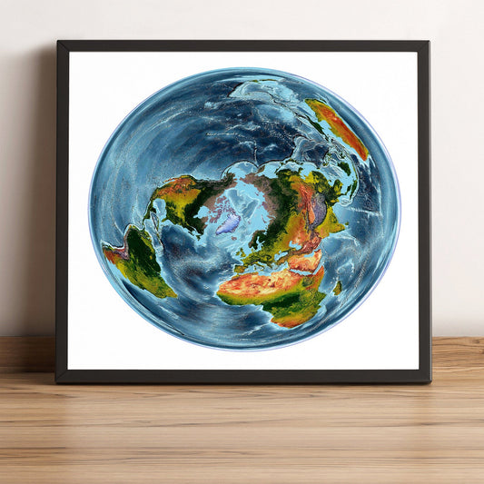 World framed shaded relief map in black frame, showing WGS 1984 Grid North Projection. Artistic print highlighting vegetation and bathymetry