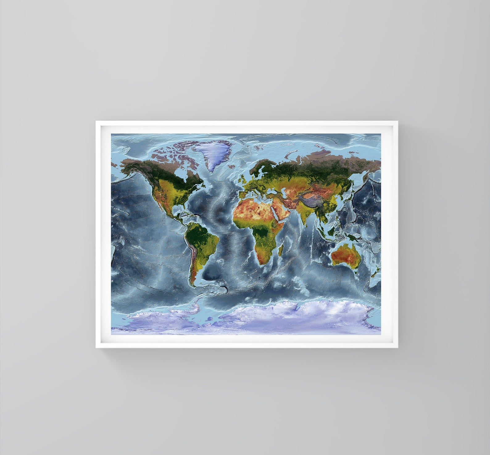 World framed shaded relief map in white frame. Gall Stereographic Projection, an artistic print highlighting mountains and vegetation