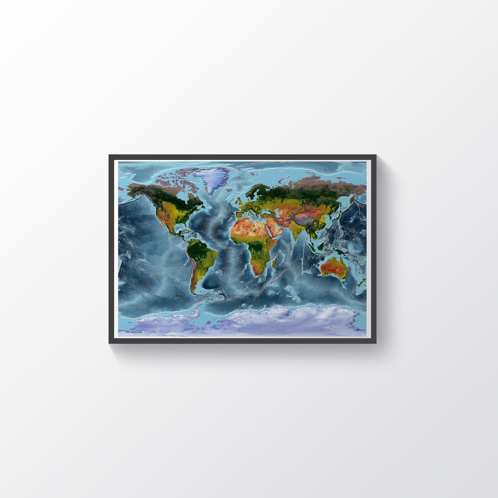 World framed shaded relief map in black frame, showing Gall Stereographic Projection. Artistic print highlighting vegetation and bathymetry