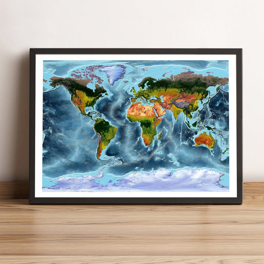 World framed shaded relief map in black frame, showing Gall Stereographic Projection. Artistic print highlighting vegetation and bathymetry