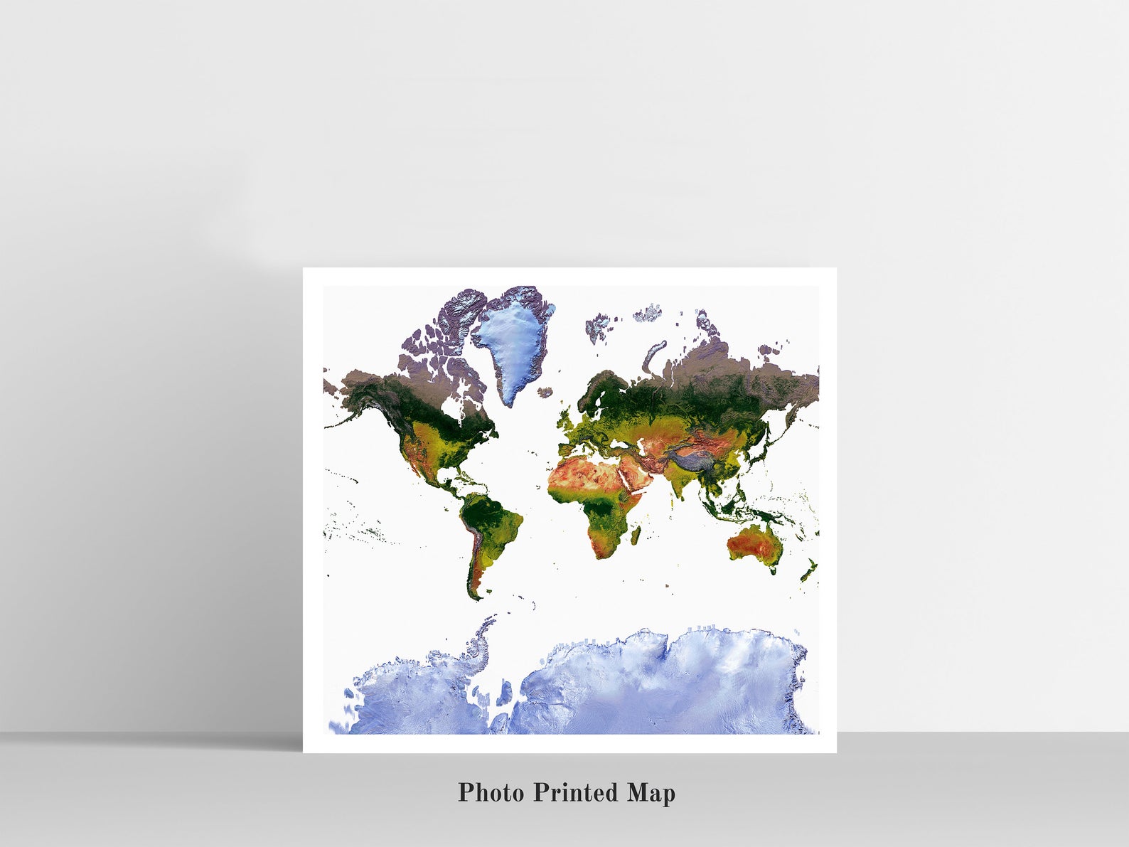 Mercator Projection World Shaded relief map print, highlighting topography. Ideal for home decor and geography lovers