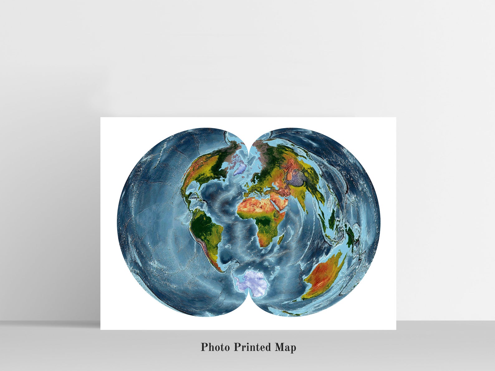 Polyconic Projection World Shaded relief map print, highlighting topography. Ideal for home decor and geography lovers