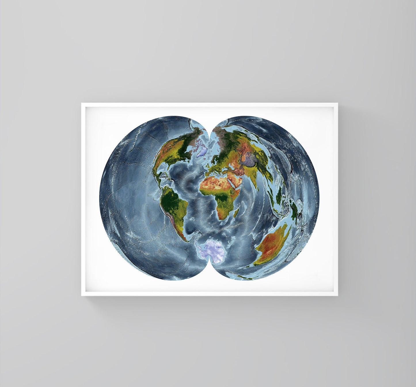 World framed shaded relief map in white frame. Polyconic Projection, an artistic print highlighting mountains and vegetation