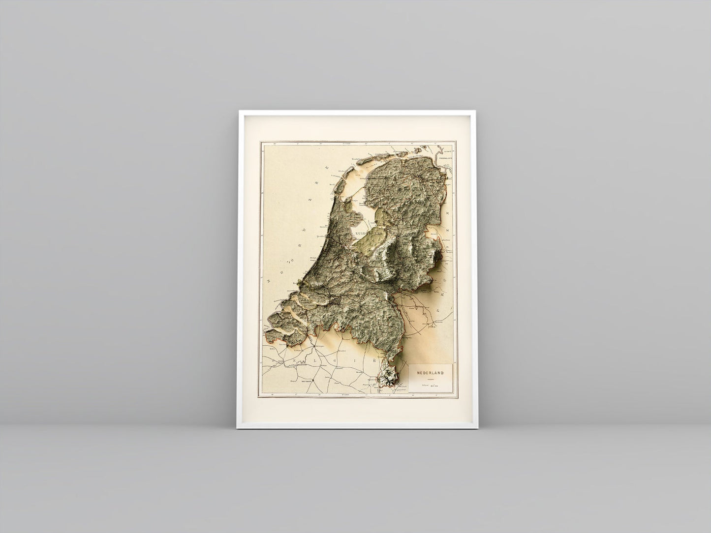 Netherlands vintage framed shaded relief map in white frame. Artistic print highlighting mountains with a realistic 3d effect