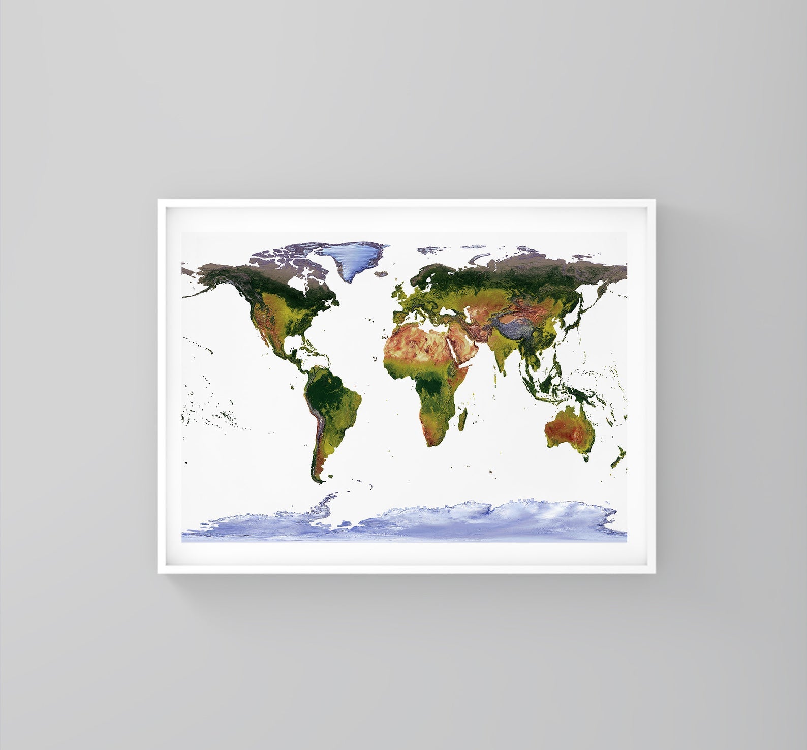 World framed shaded relief map in white frame. WGS84 Projection, an artistic print highlighting mountains and vegetation