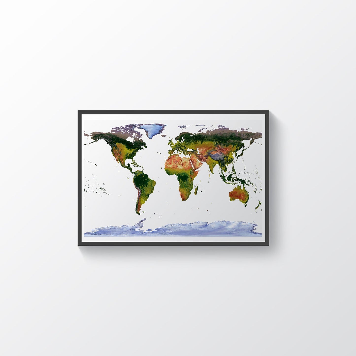 World framed shaded relief map in black frame, showing WGS84 Projection. Artistic print highlighting vegetation