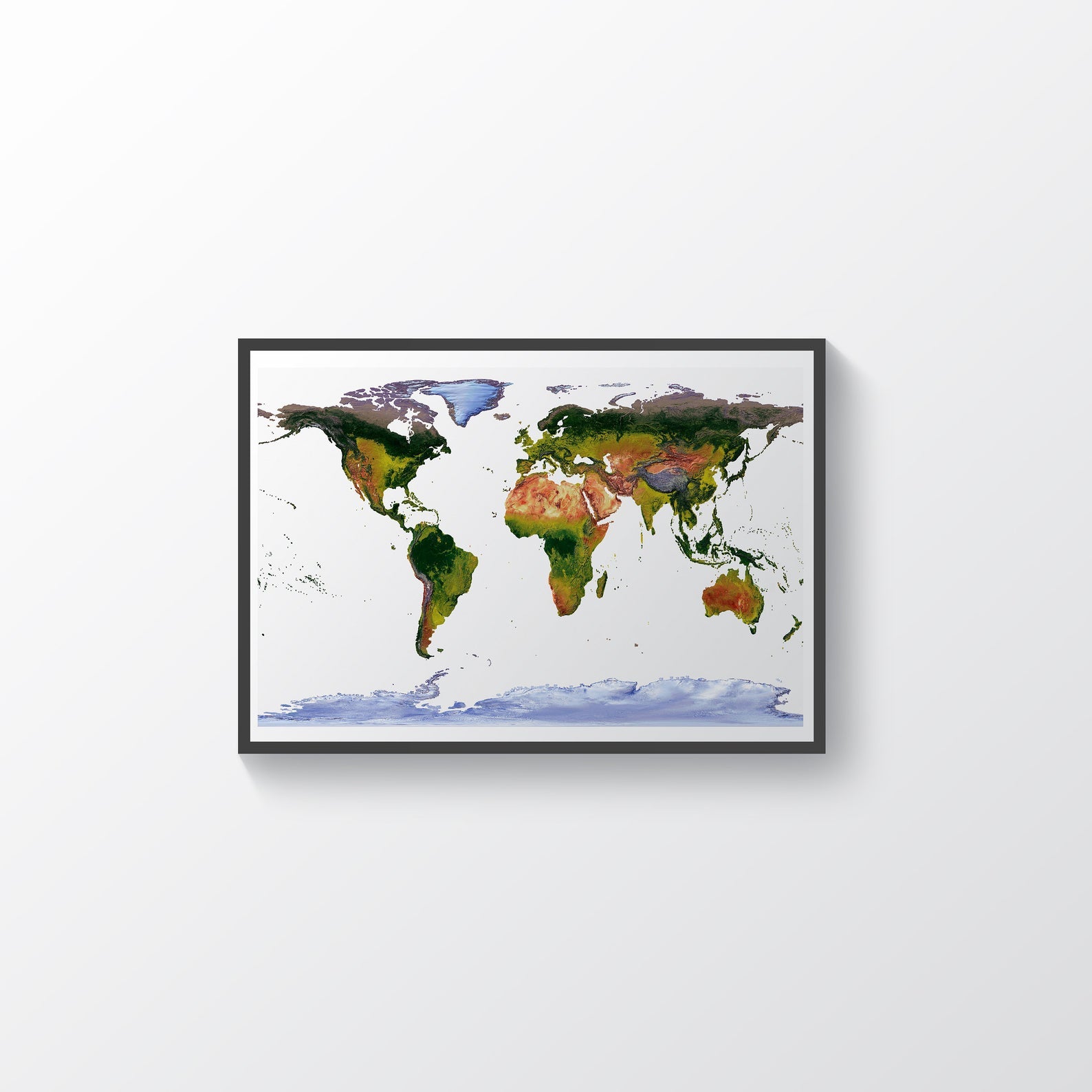 World framed shaded relief map in black frame, showing WGS84 Projection. Artistic print highlighting vegetation