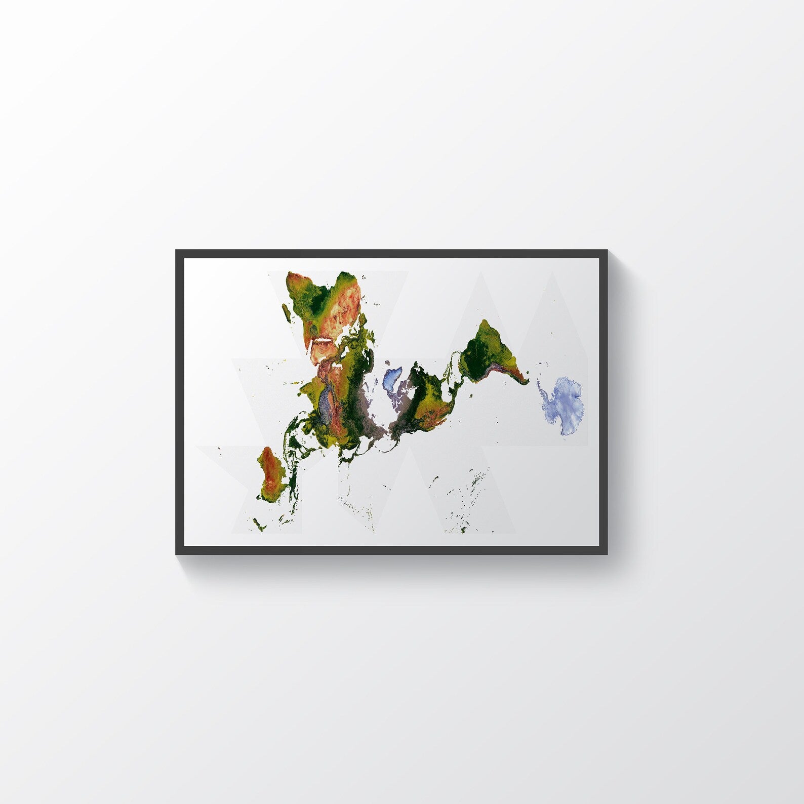 World framed shaded relief map in black frame, showing Fuller Projection. Artistic print highlighting vegetation