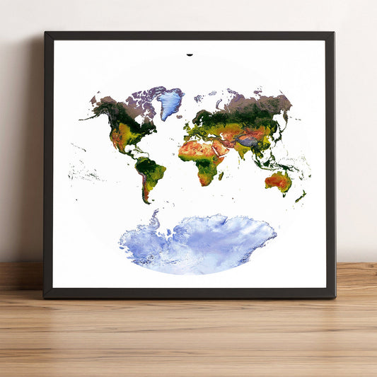World framed shaded relief map in black frame, showing Van der Grinten Projection. Artistic print highlighting vegetation