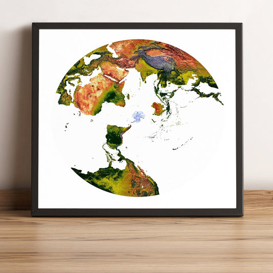World framed shaded relief map in black frame, showing Australian Antarctic Polar Projection. Artistic print highlighting vegetation