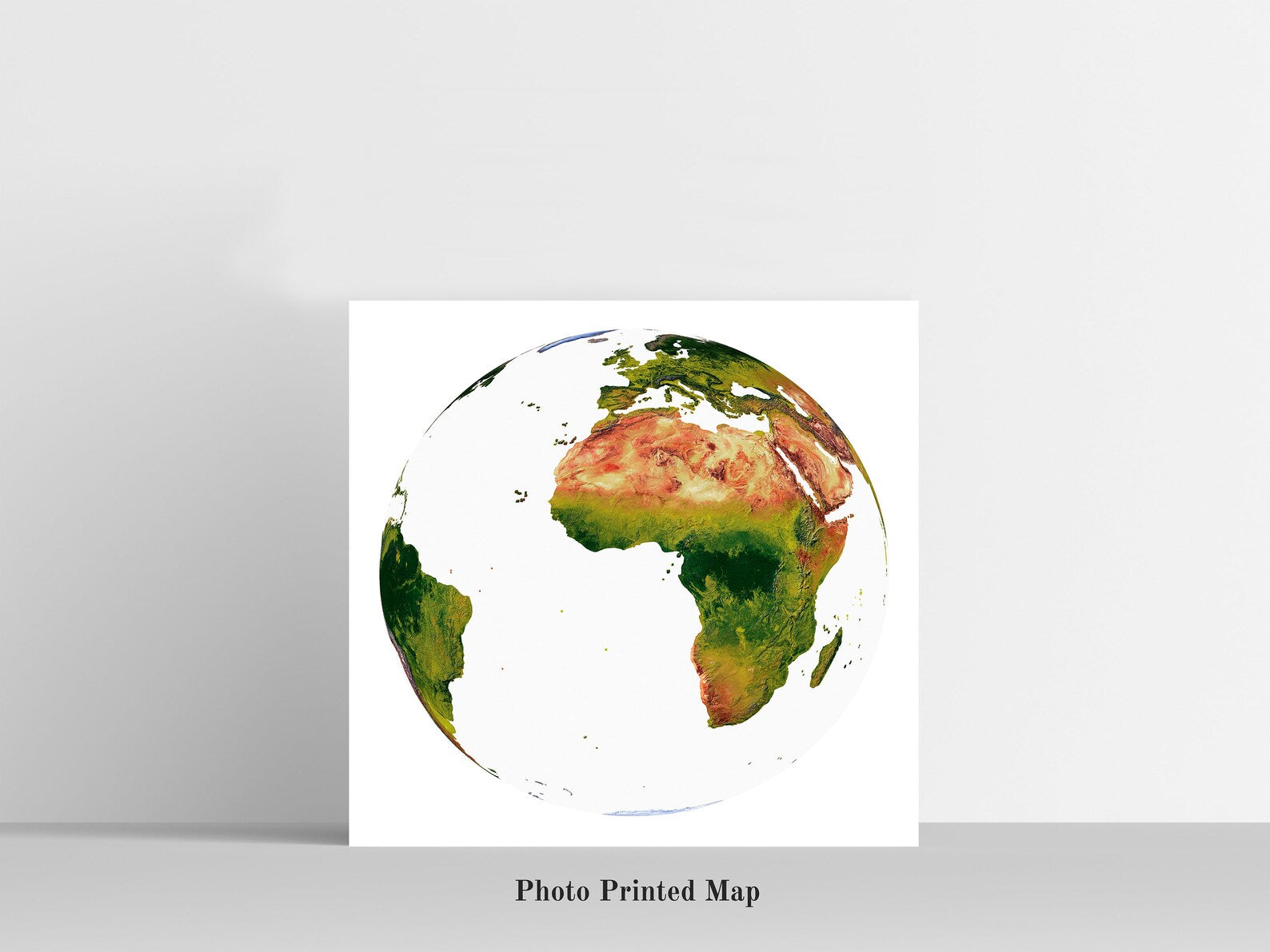 Vertical Perspective Projection World Shaded relief map print, highlighting topography. Ideal for home decor and geography lovers