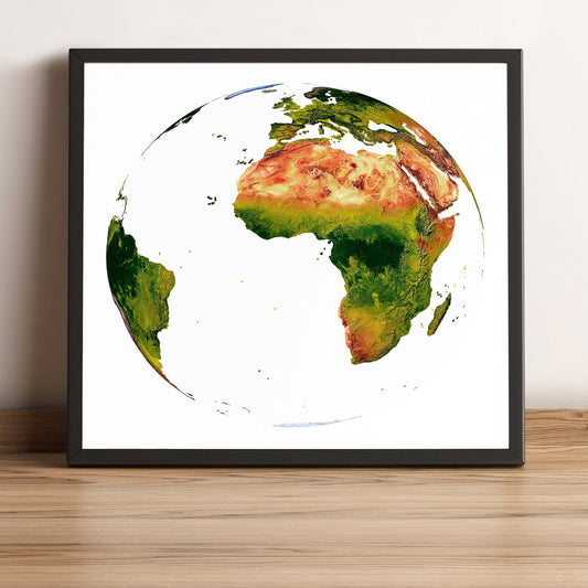 World framed shaded relief map in black frame, showing Vertical Perspective Projection. Artistic print highlighting vegetation