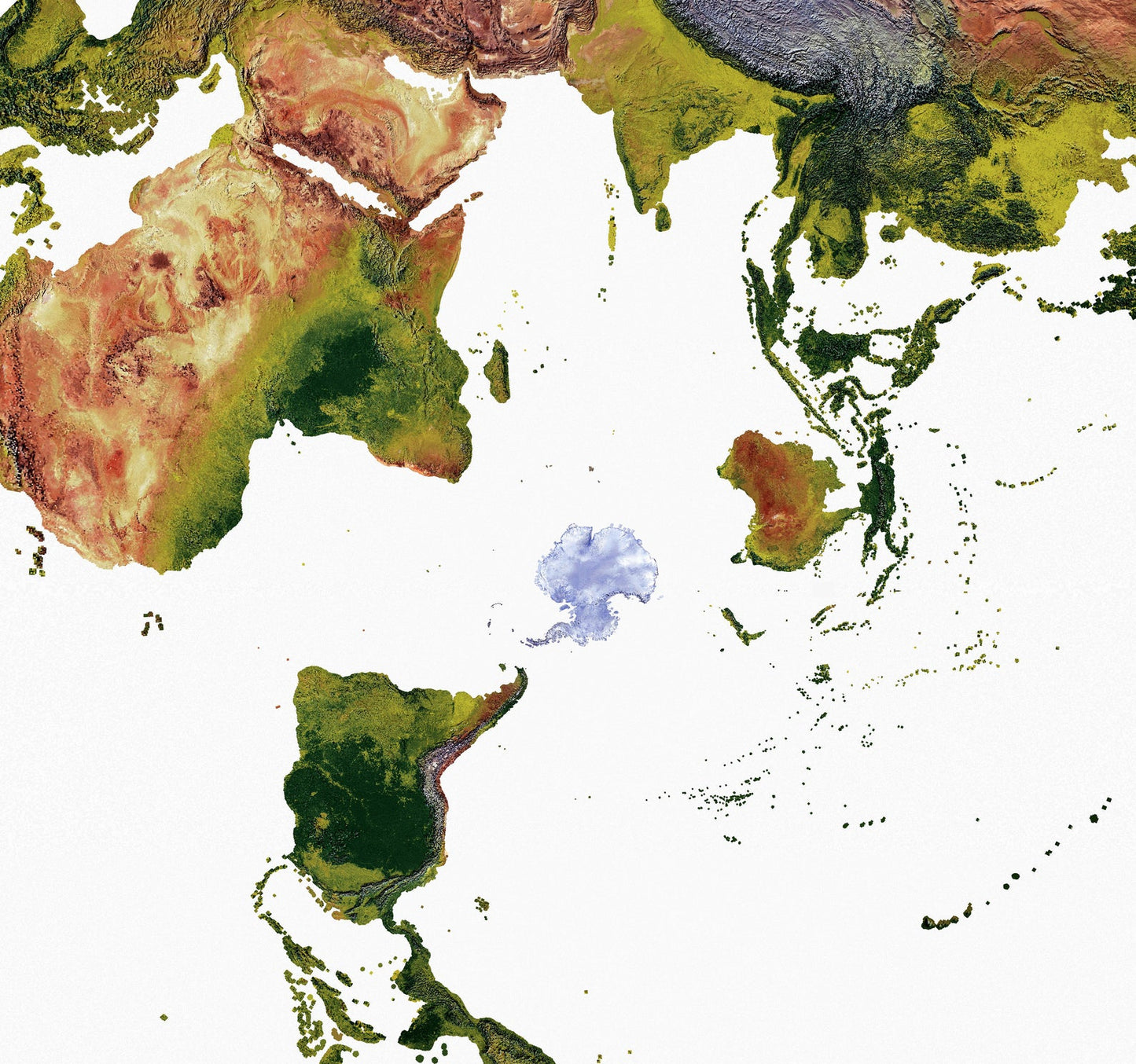 Detailed close-up of an Antarctic Polar Stereographic Projection World relief map, showcasing textured topography and geographic features