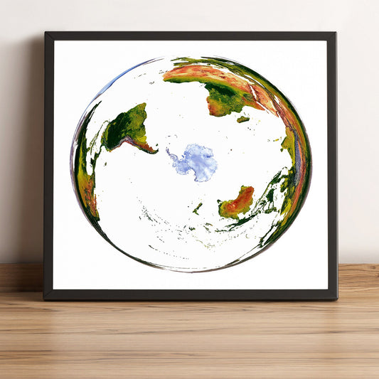 World framed shaded relief map in black frame, showing WGS 1984 Grid South Projection. Artistic print highlighting vegetation