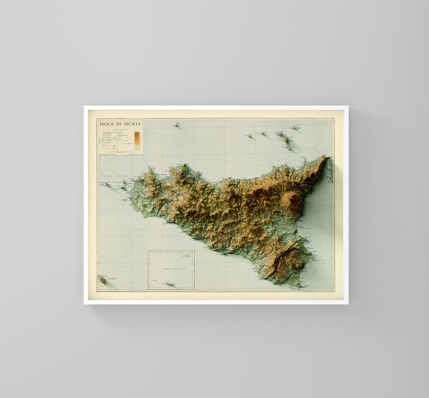 Sicily (Italy) vintage framed shaded relief map in white frame. Artistic print highlighting mountains with a realistic 3d effect