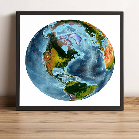 World framed shaded relief map in black frame, showing The World From Space Projection. Artistic print highlighting vegetation and bathymetry